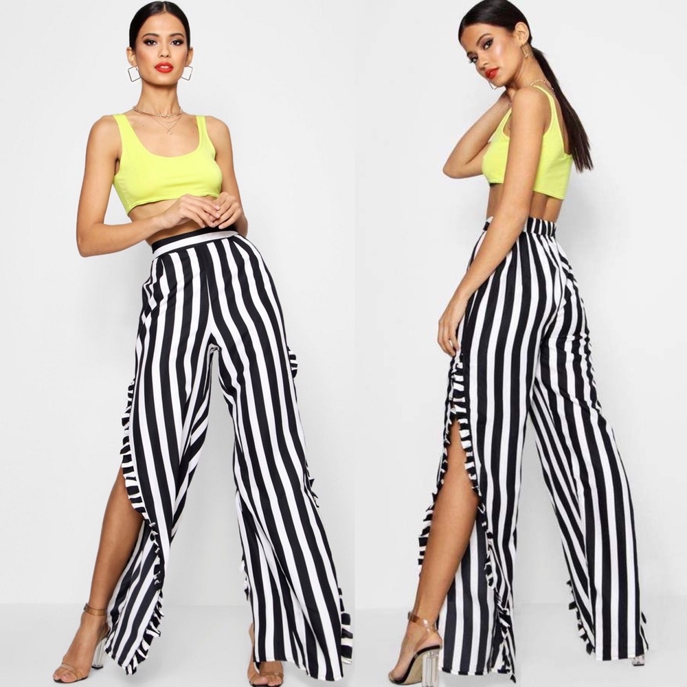 Boohoo Farrah ruffle leg black white striped pants